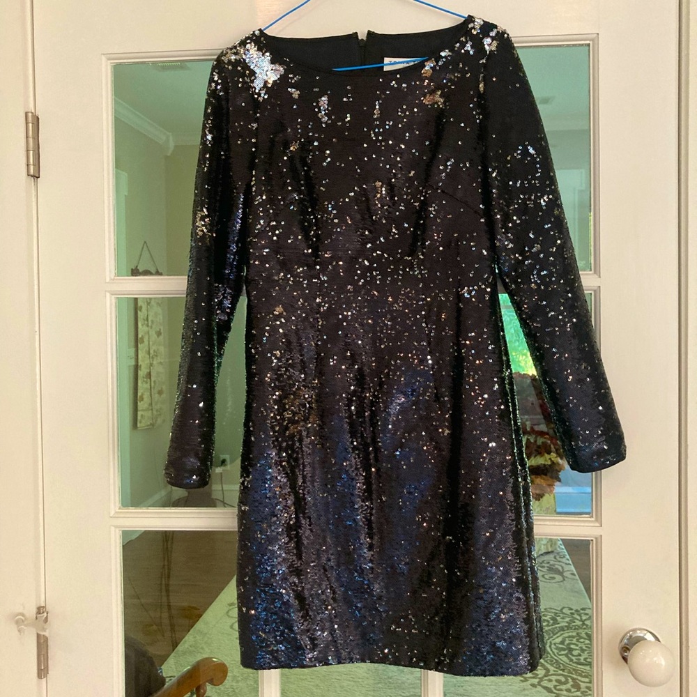 Sz 2 Trina Turk LS Dark Navy/Silver Sequin Dress